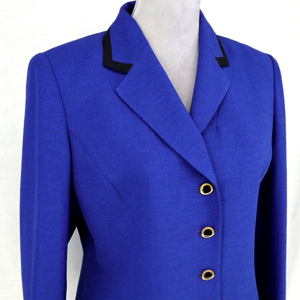 Kasper Jacket Petites 10P Blue Black Trim Lined Long Blazer Career Office - Picture 6 of 15
